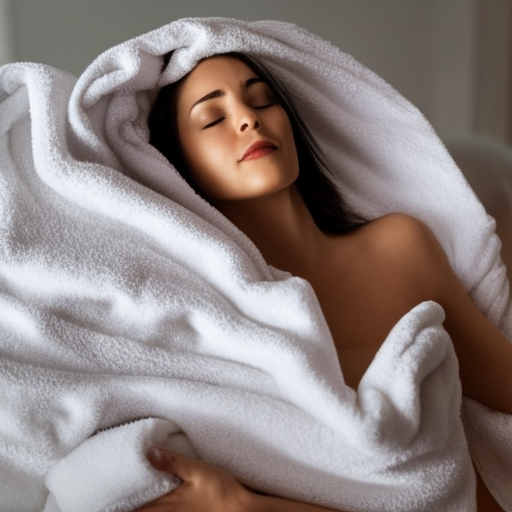 

An image of a woman with long, healthy-looking hair, her face relaxed and eyes closed, with a towel wrapped around her head. She is having a hot oil treatment, which is a great way to nourish and protect your hair