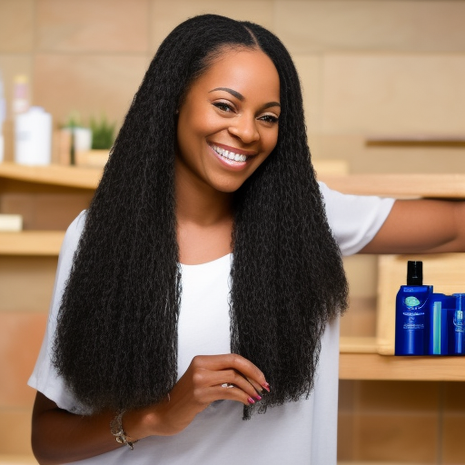 

An image of a woman with long, healthy, and shiny hair, smiling and looking into the camera. The woman is using natural hair care products, such as a wooden comb and a bottle of natural oil. The image conveys the message