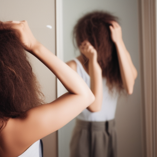

A woman looking in the mirror with a distressed expression, her hair in a tangled mess.