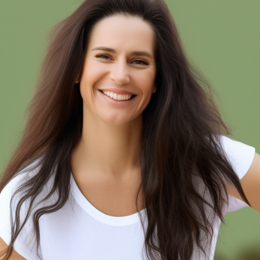 

An image of a woman with long, shiny, healthy hair, smiling and looking directly at the camera. She is wearing a white t-shirt and her hair is pulled back away from her face. The background is a bright, sunny day