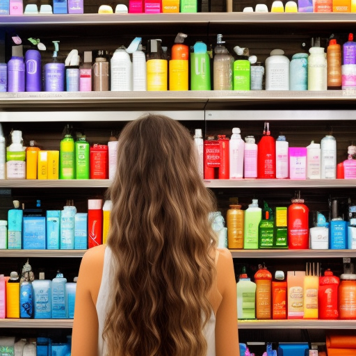 

A photo of a woman with long, wavy hair, standing in a bathroom with a variety of different shampoos and conditioners on the counter. She is looking at the selection, contemplating which one to choose.