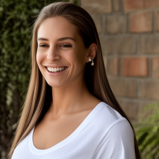 

An image of a woman with long, shiny, smooth hair, smiling and looking into the camera. She is wearing a white t-shirt and has her hair pulled back in a low ponytail. The image conveys the idea of having