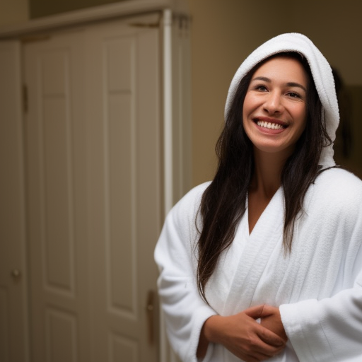 

An image of a woman with long, healthy hair, smiling and looking in the mirror with a satisfied expression. She is wearing a white robe and has a towel wrapped around her head. In the background, a variety of hair care products are