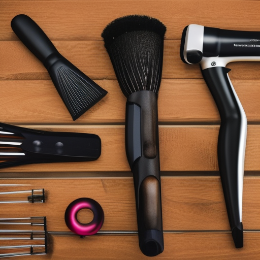 

An image of a woman with a variety of styling tools such as a curling iron, flat iron, and blow dryer, all lined up on a countertop. The image illustrates the different types of styling tools available and the pros and