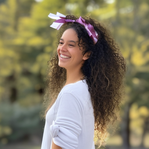 

An image of a woman with long, healthy, curly or wavy hair, smiling and looking off into the distance. Her hair is styled in a natural, effortless look, and she is wearing a headband with a bow.