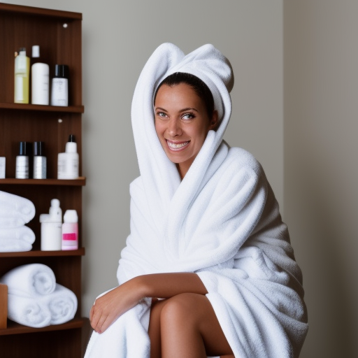 

An image of a woman in a white robe with a towel wrapped around her head, sitting in a bathroom with a variety of hair care products spread out in front of her. She is looking in the mirror and smiling, ready to try out